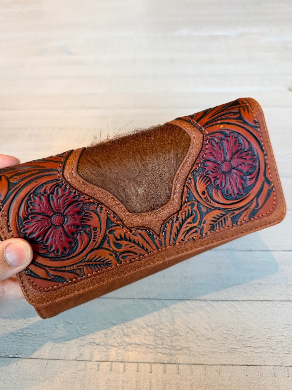 Trinity Ranch Floral Tooled and Hair-On Cowhide Collection Wallet Brown
